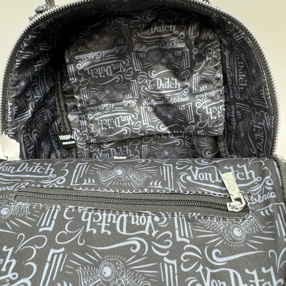 Von Dutch Sticker Logo Backpack Black Faux Leather Y2K VDKBP-028 NWT
